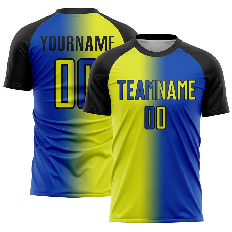 Custom Thunder Blue Neon Yellow-Black Sublimation Gradient Fashion Soccer Uniform Jersey