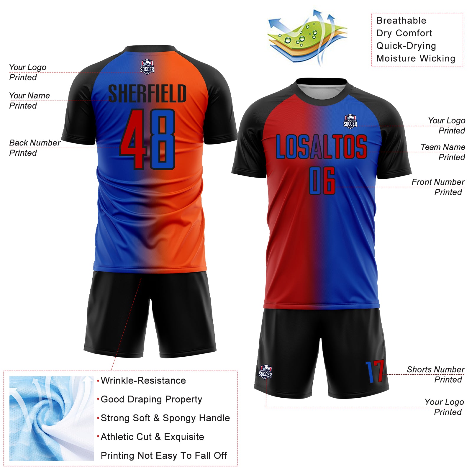 Custom Thunder Blue Red-Black Sublimation Gradient Fashion Soccer Uniform Jersey