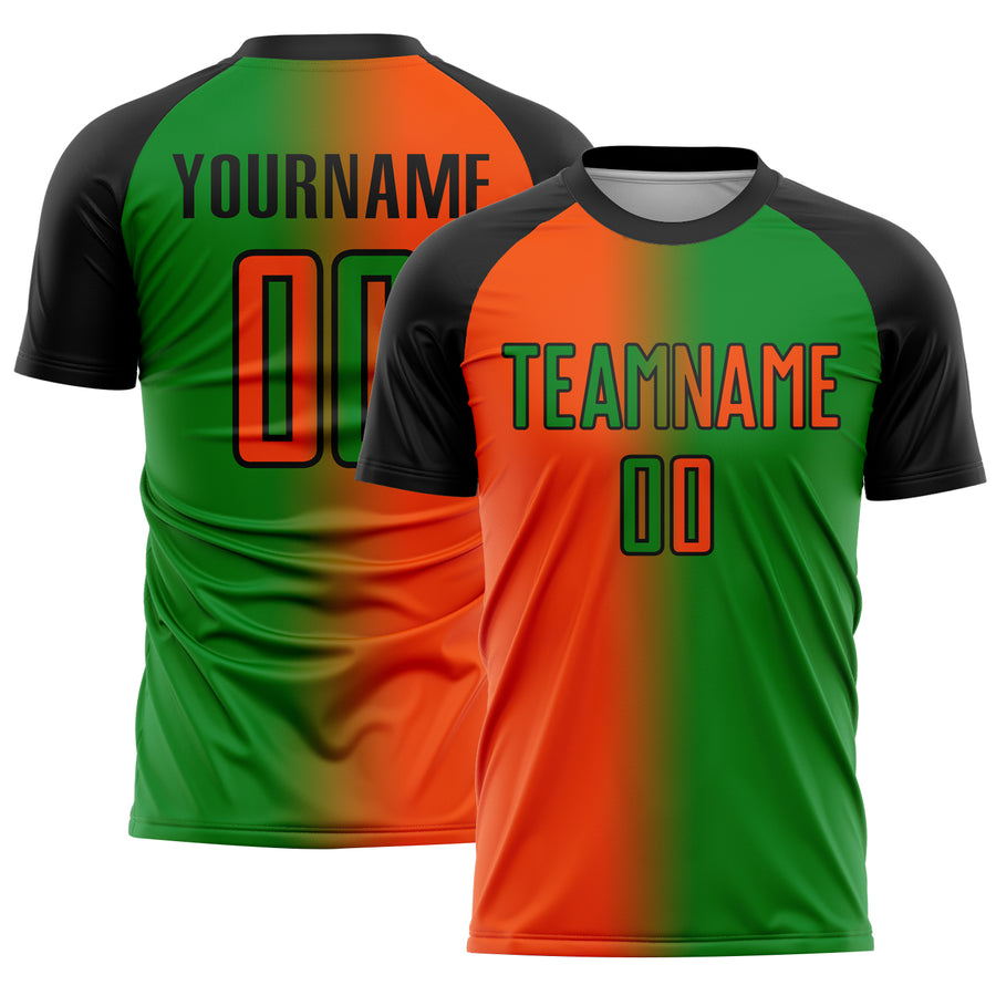 Custom Grass Green Orange-Black Sublimation Gradient Fashion Soccer Uniform Jersey