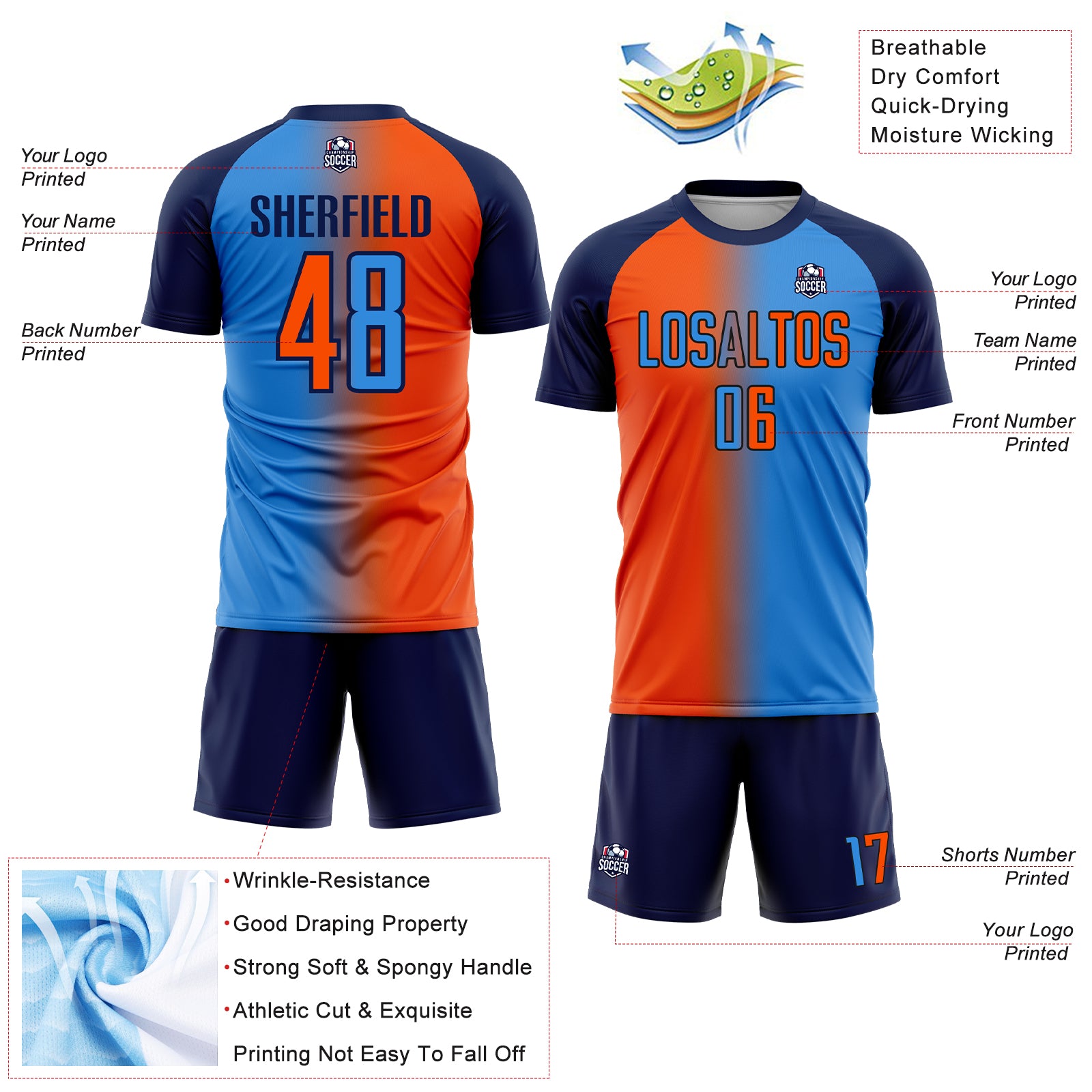 Custom Powder Blue Orange-Navy Sublimation Gradient Fashion Soccer Uniform Jersey