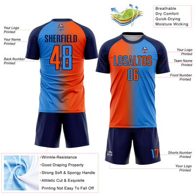 Custom Powder Blue Orange-Navy Sublimation Gradient Fashion Soccer Uniform Jersey