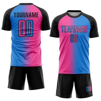 Custom Powder Blue Pink-Black Sublimation Gradient Fashion Soccer Uniform Jersey