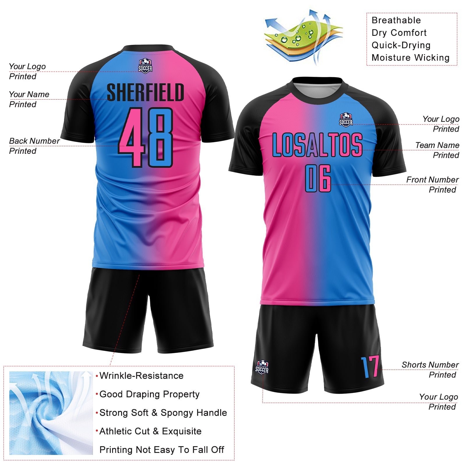 Custom Powder Blue Pink-Black Sublimation Gradient Fashion Soccer Uniform Jersey