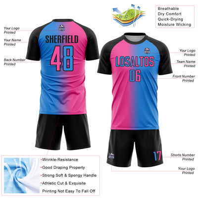 Custom Powder Blue Pink-Black Sublimation Gradient Fashion Soccer Uniform Jersey