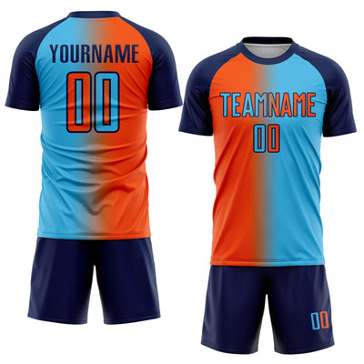 Custom Sky Blue Orange-Navy Sublimation Gradient Fashion Soccer Uniform Jersey
