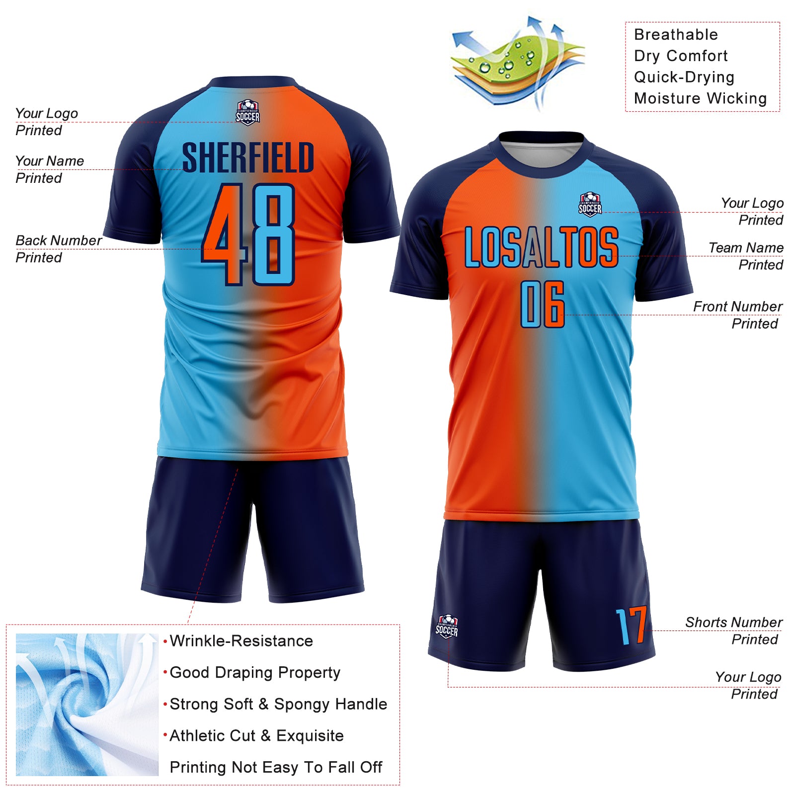 Custom Sky Blue Orange-Navy Sublimation Gradient Fashion Soccer Uniform Jersey