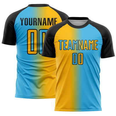 Custom Sky Blue Gold-Black Sublimation Gradient Fashion Soccer Uniform Jersey