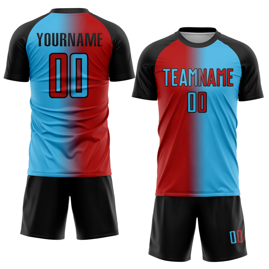 Custom Sky Blue Red-Black Sublimation Gradient Fashion Soccer Uniform Jersey
