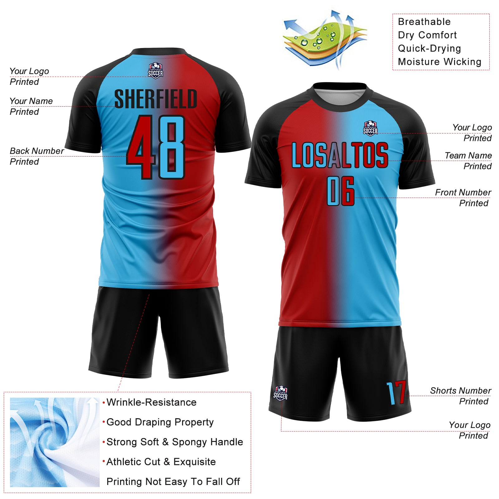 Custom Sky Blue Red-Black Sublimation Gradient Fashion Soccer Uniform Jersey