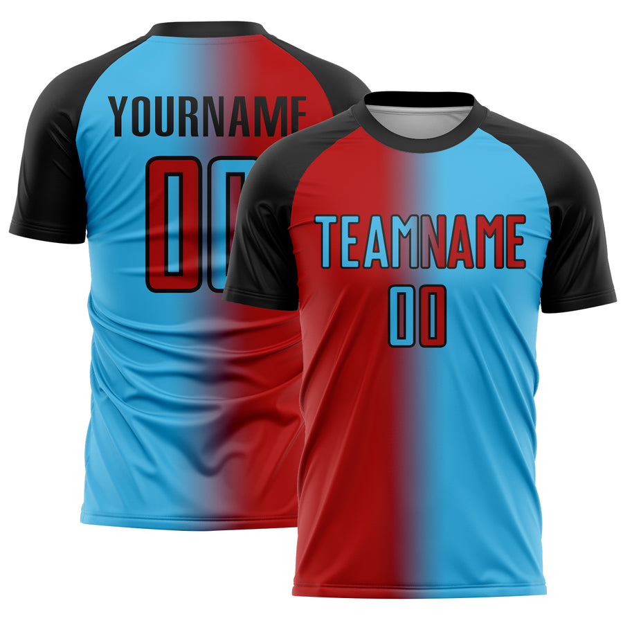 Custom Sky Blue Red-Black Sublimation Gradient Fashion Soccer Uniform Jersey