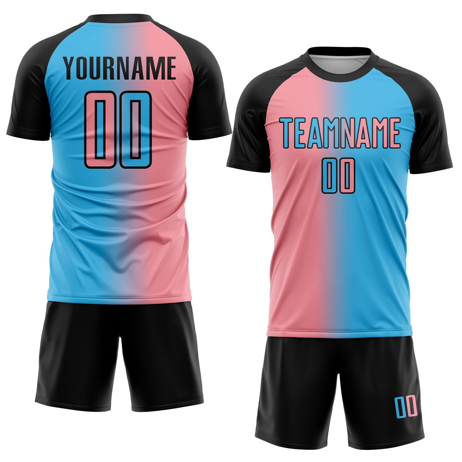 Custom Sky Blue Medium Pink-Black Sublimation Gradient Fashion Soccer Uniform Jersey
