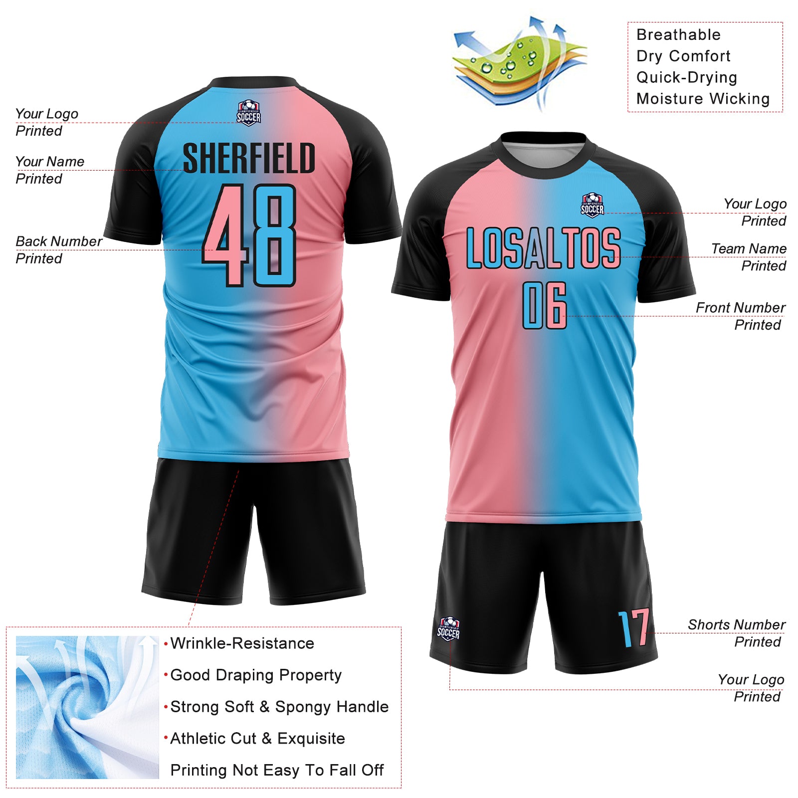 Custom Sky Blue Medium Pink-Black Sublimation Gradient Fashion Soccer Uniform Jersey