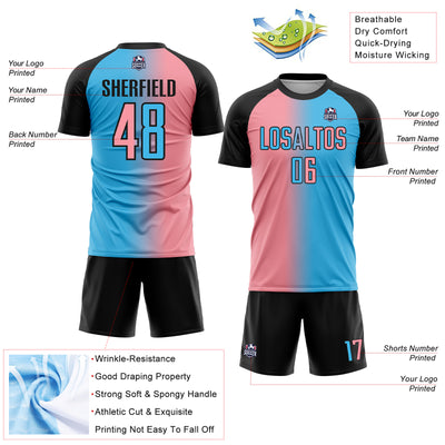 Custom Sky Blue Medium Pink-Black Sublimation Gradient Fashion Soccer Uniform Jersey