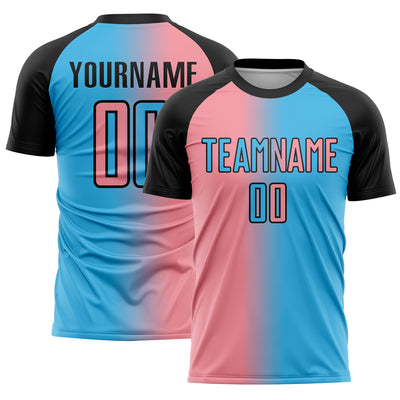 Custom Sky Blue Medium Pink-Black Sublimation Gradient Fashion Soccer Uniform Jersey