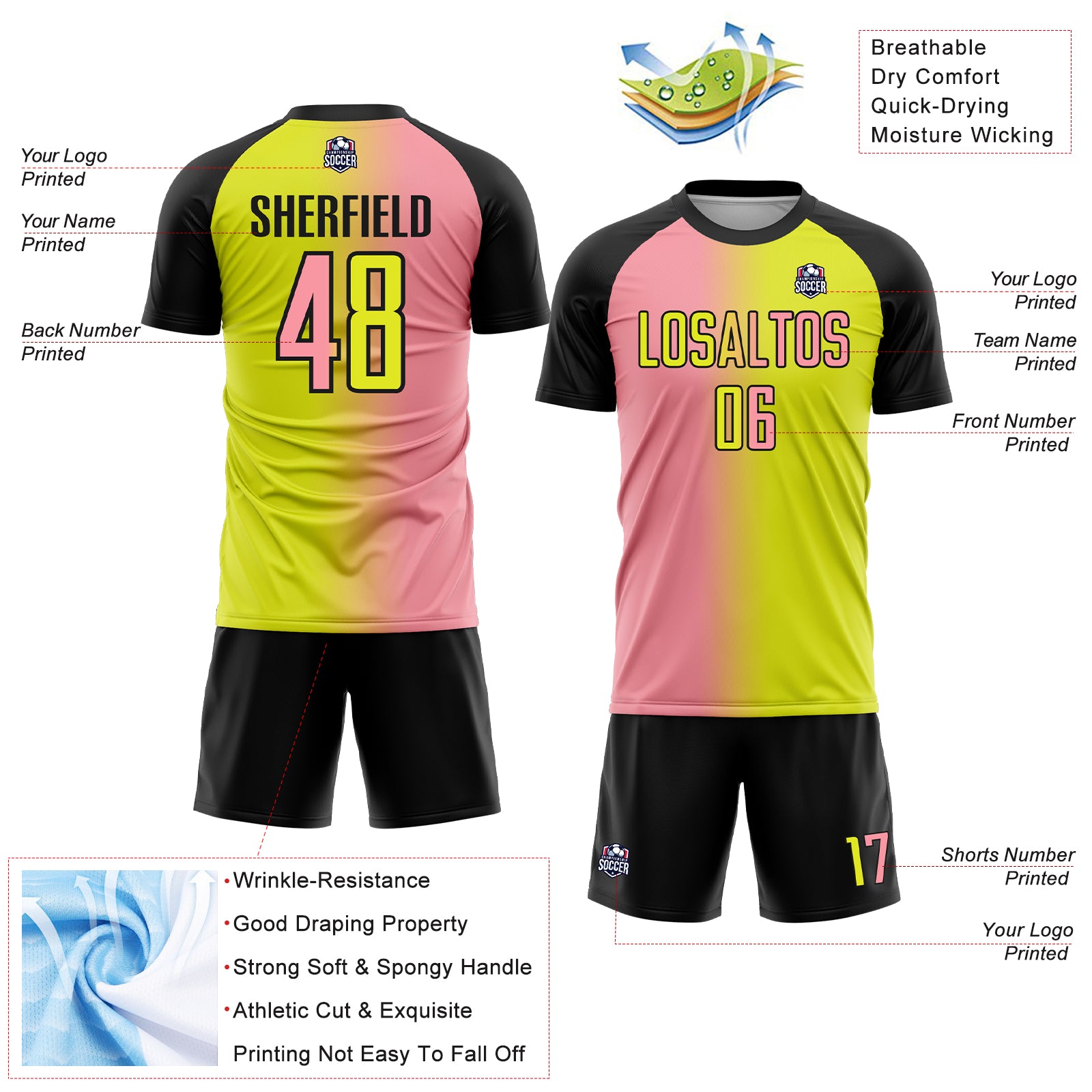 Custom Neon Yellow Medium Pink-Black Sublimation Gradient Fashion Soccer Uniform Jersey