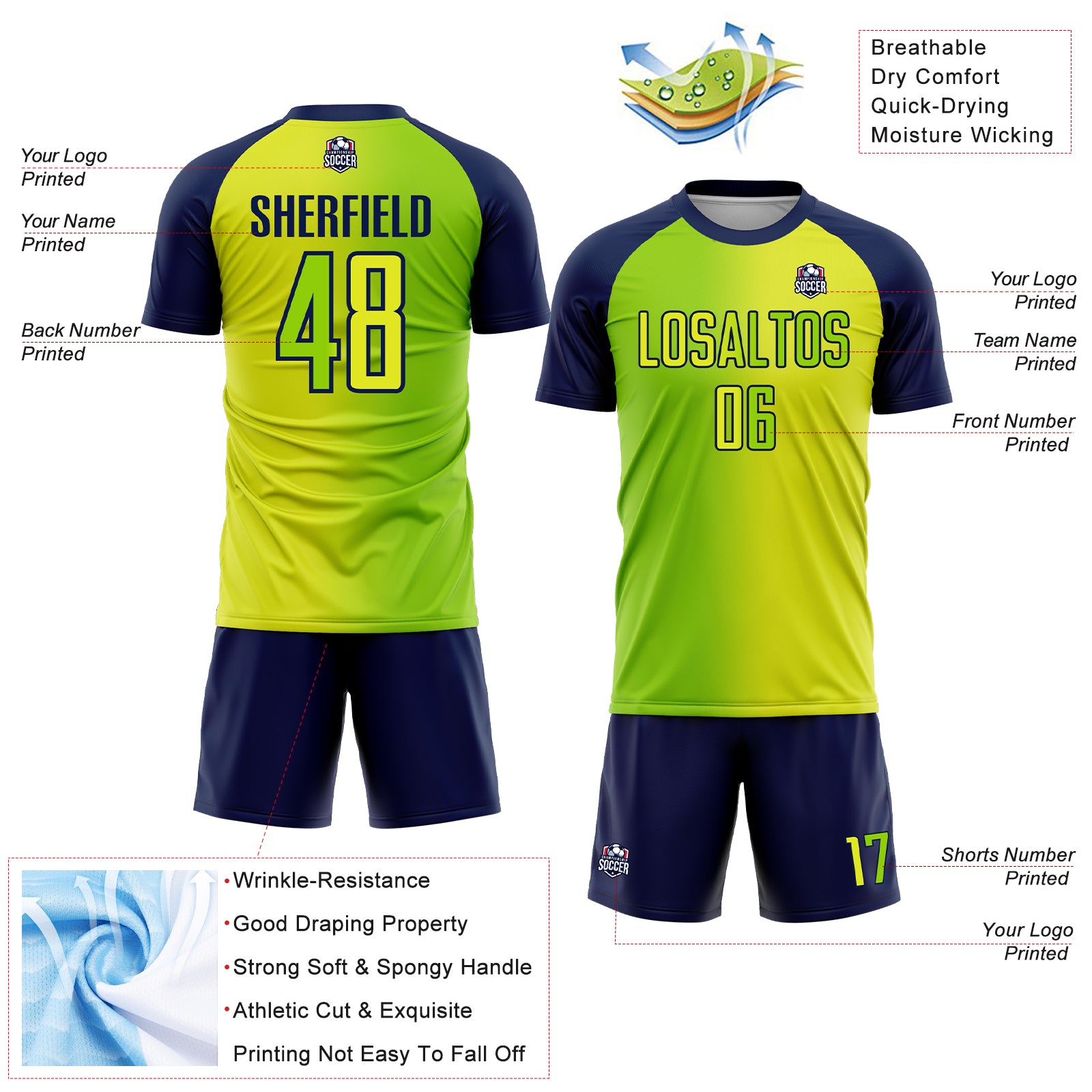 Custom Neon Yellow Neon Green-Navy Sublimation Gradient Fashion Soccer Uniform Jersey