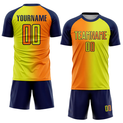Custom Neon Yellow Bay Orange-Navy Sublimation Gradient Fashion Soccer Uniform Jersey