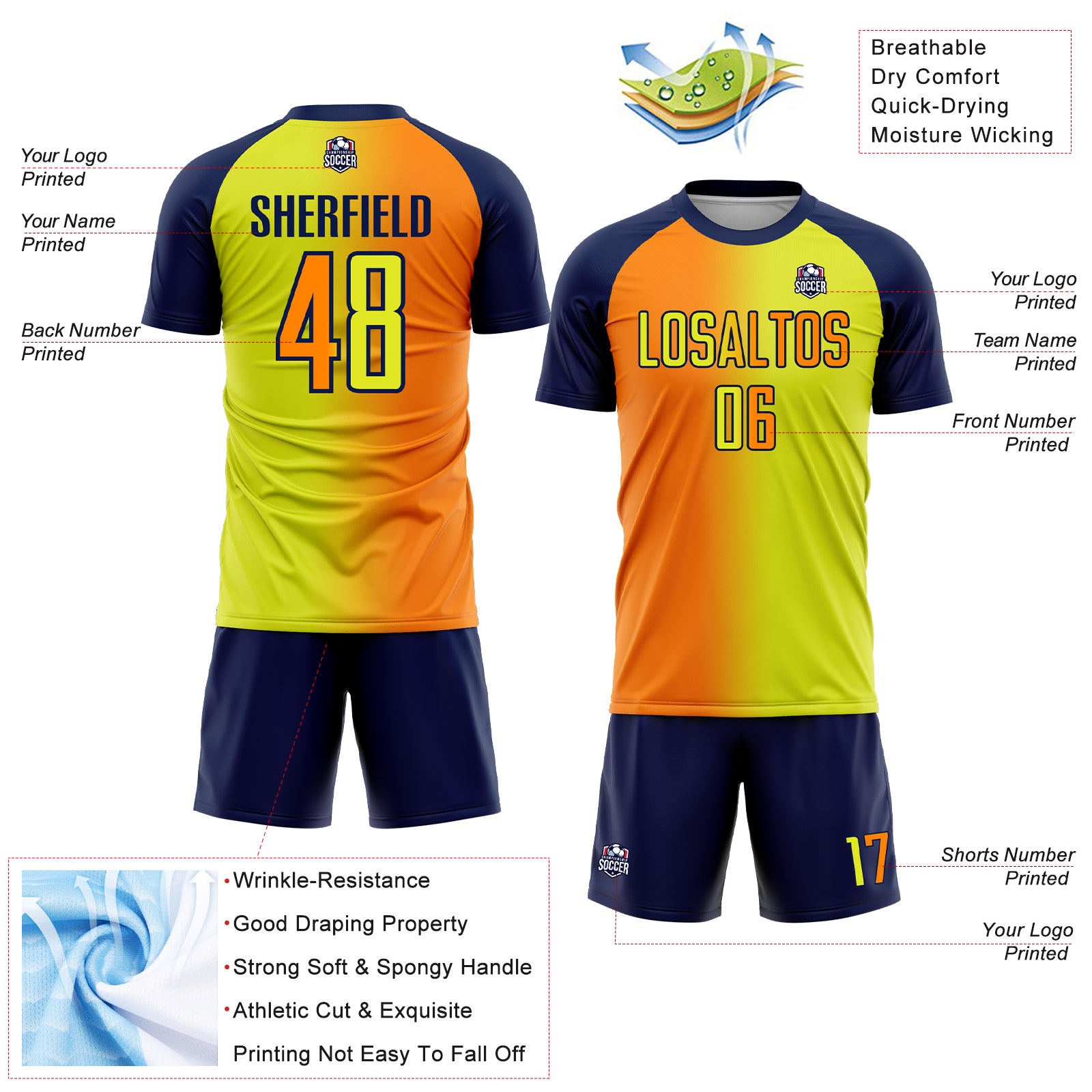 Custom Neon Yellow Bay Orange-Navy Sublimation Gradient Fashion Soccer Uniform Jersey