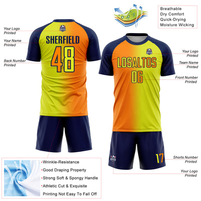 Custom Neon Yellow Bay Orange-Navy Sublimation Gradient Fashion Soccer Uniform Jersey