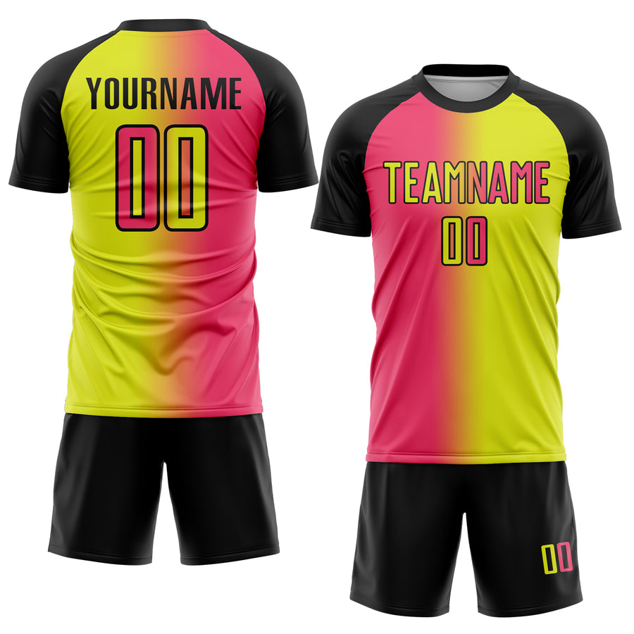 Custom Neon Yellow Neon Pink-Black Sublimation Gradient Fashion Soccer Uniform Jersey