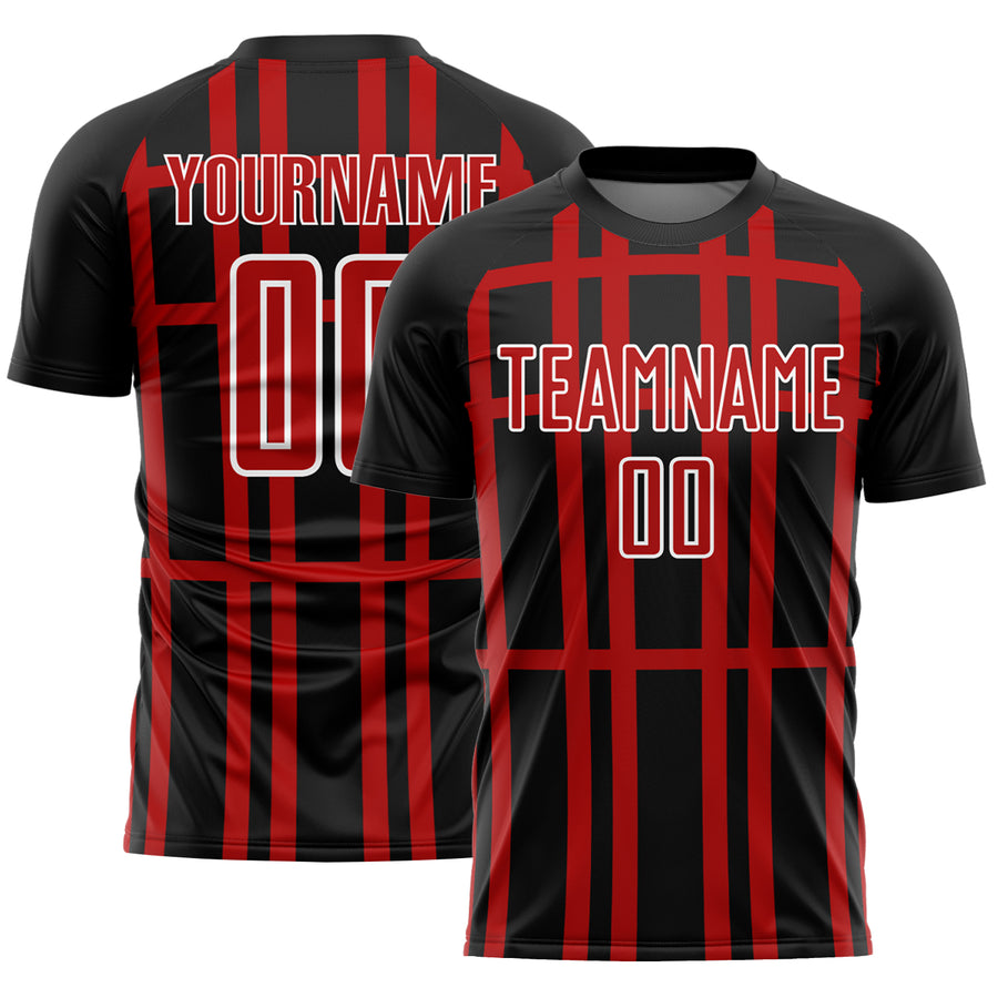 Custom Black Red-White Stripe Line Sublimation Soccer Uniform Jersey