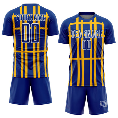 Custom Royal Gold-White Stripe Line Sublimation Soccer Uniform Jersey