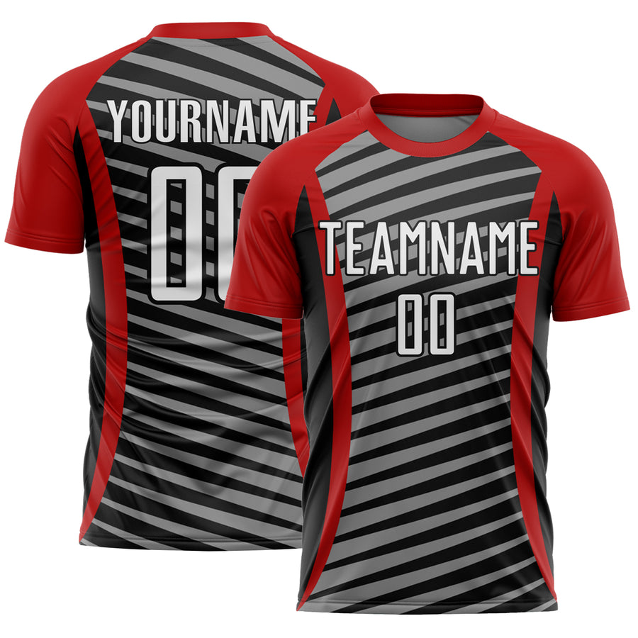 Custom Red White-Black Stripe Line Sublimation Soccer Uniform Jersey