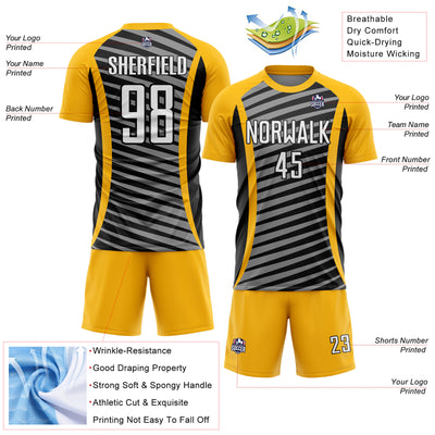 Custom Gold White-Black Stripe Line Sublimation Soccer Uniform Jersey