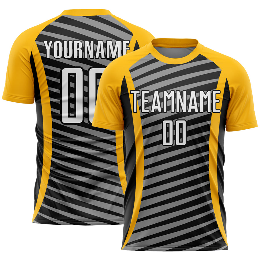 Custom Gold White-Black Stripe Line Sublimation Soccer Uniform Jersey