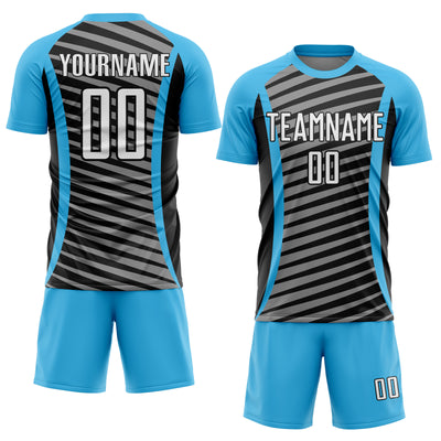 Custom Sky Blue White-Black Stripe Line Sublimation Soccer Uniform Jersey