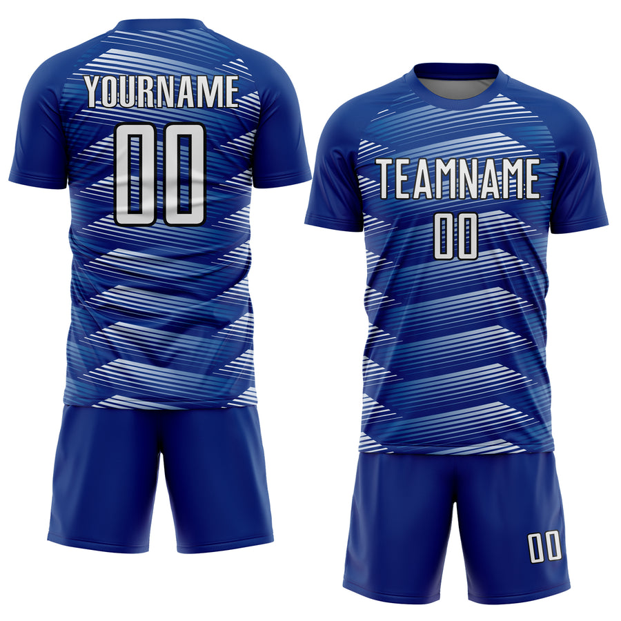 Custom Royal White-Black Stripe Line Sublimation Soccer Uniform Jersey