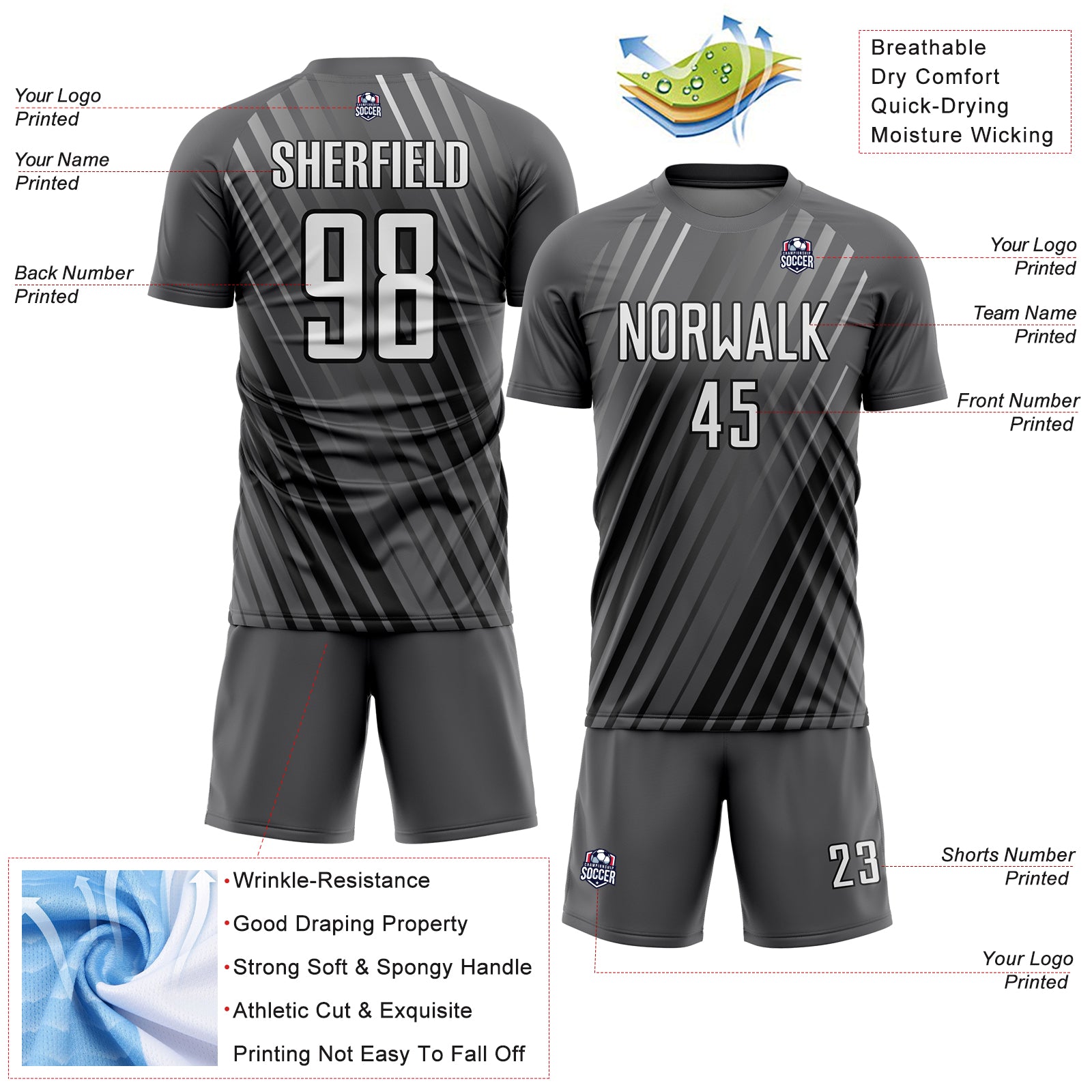 Custom Steel Gray White-Black Stripe Line Sublimation Soccer Uniform Jersey