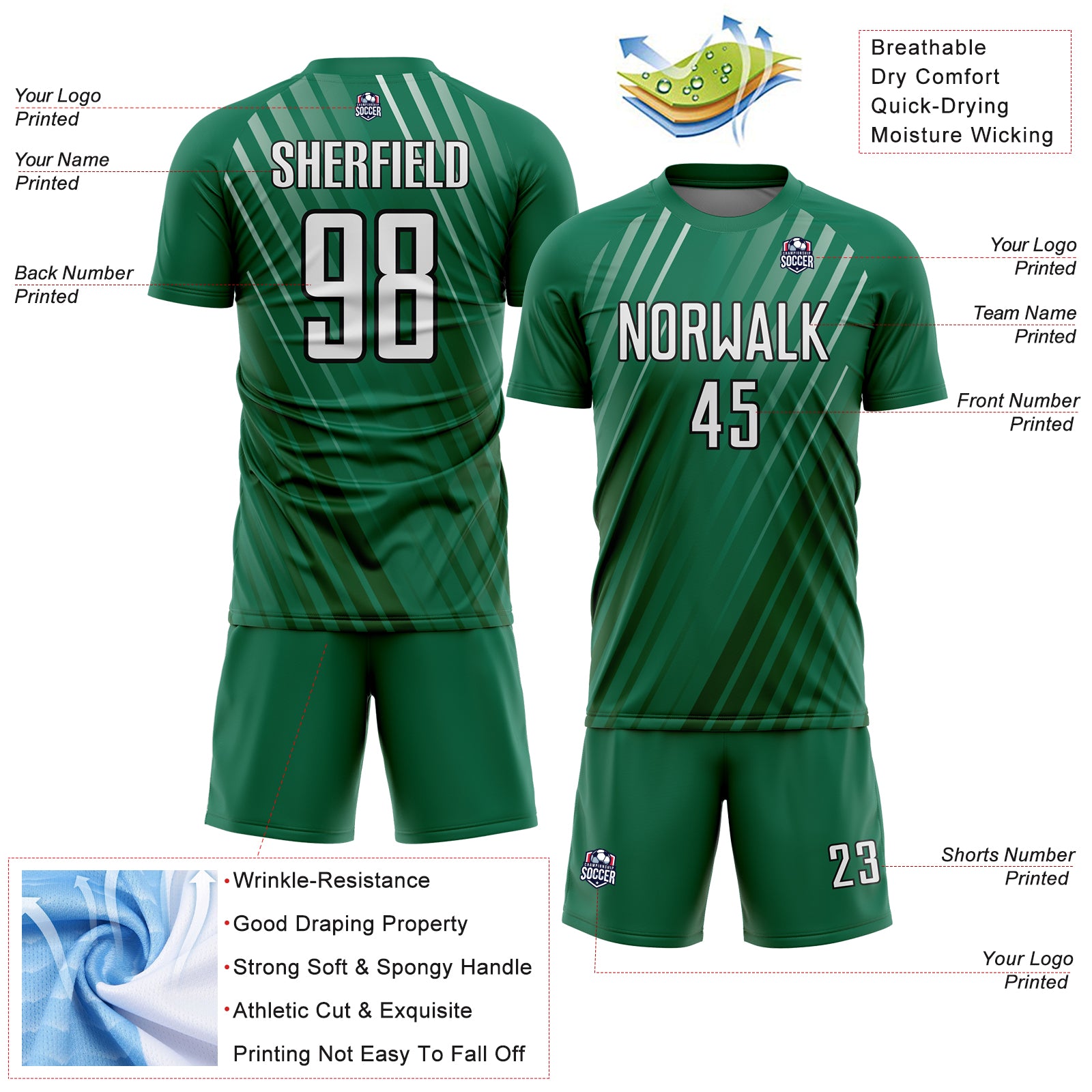 Custom Kelly Green White-Black Stripe Line Sublimation Soccer Uniform Jersey