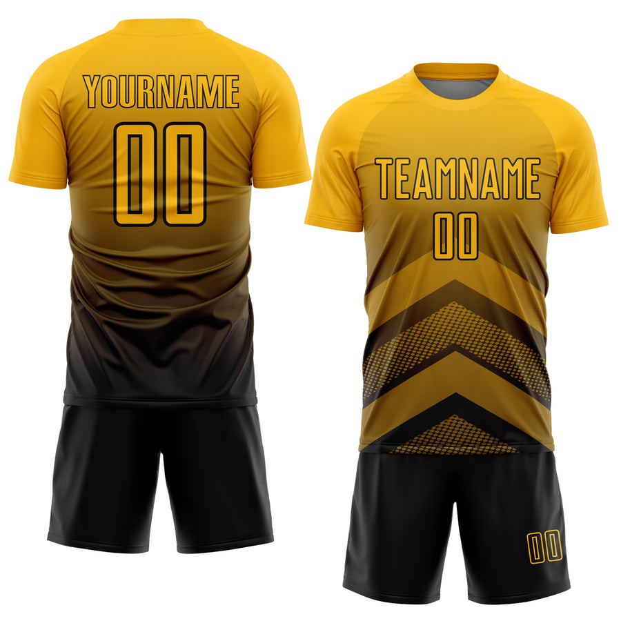 Custom Gold Black Gradient Arrow Geometric Shapes Sublimation Soccer Uniform Jersey