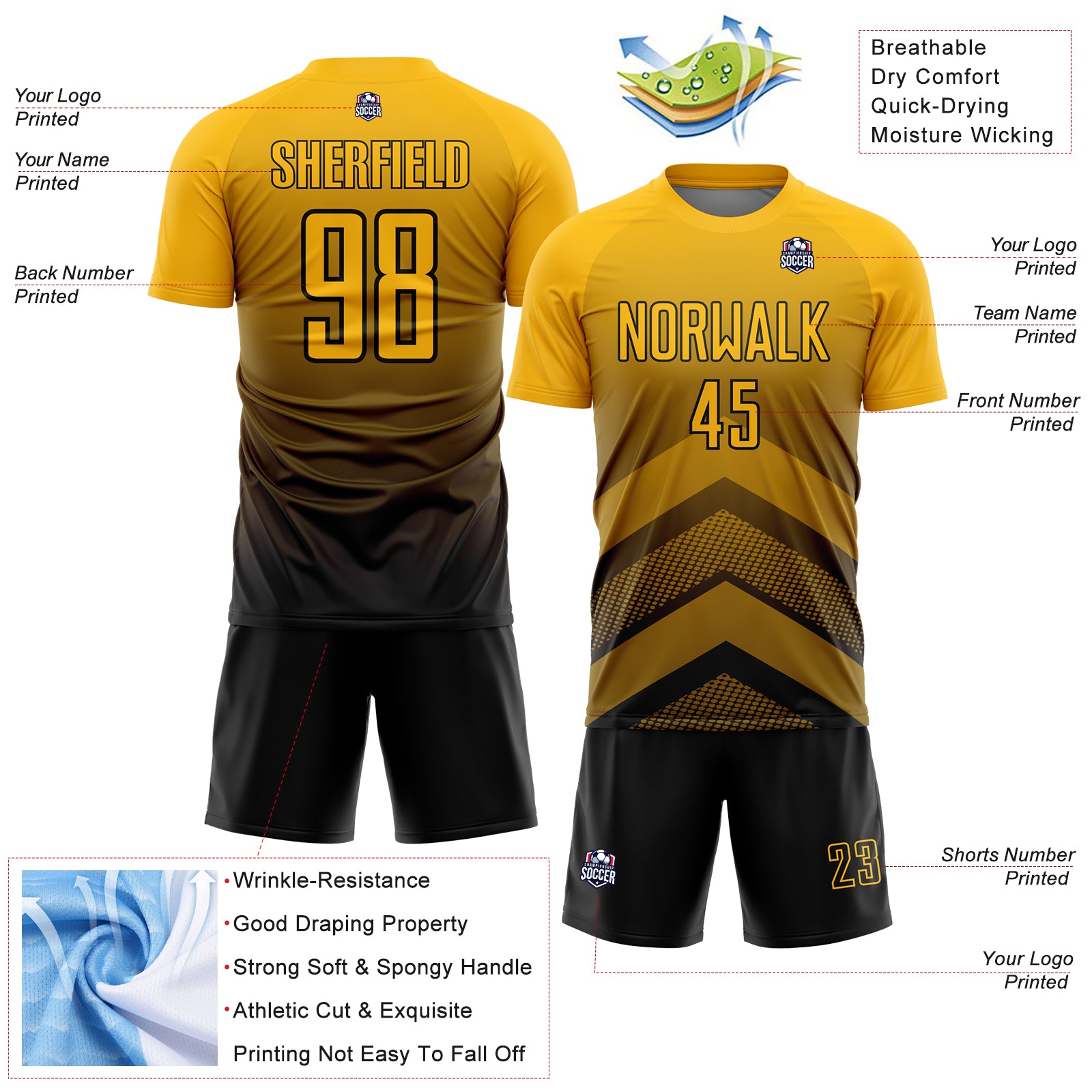Custom Gold Black Gradient Arrow Geometric Shapes Sublimation Soccer Uniform Jersey