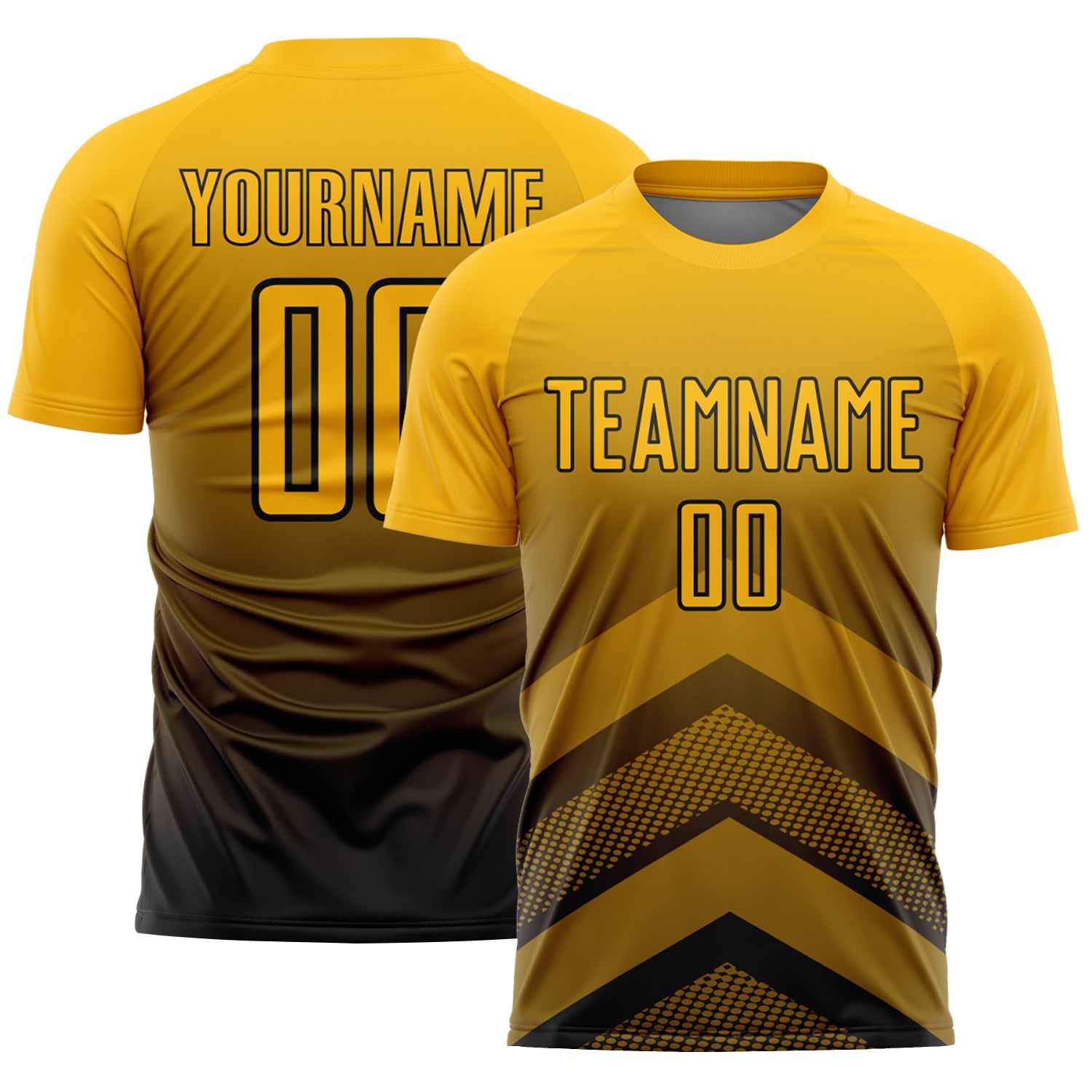 Custom Gold Black Gradient Arrow Geometric Shapes Sublimation Soccer Uniform Jersey