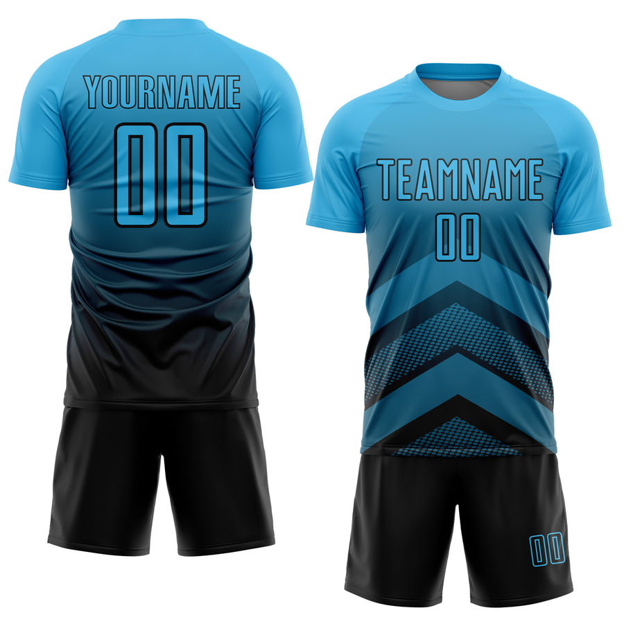 Custom Sky Blue Black Gradient Arrow Geometric Shapes Sublimation Soccer Uniform Jersey