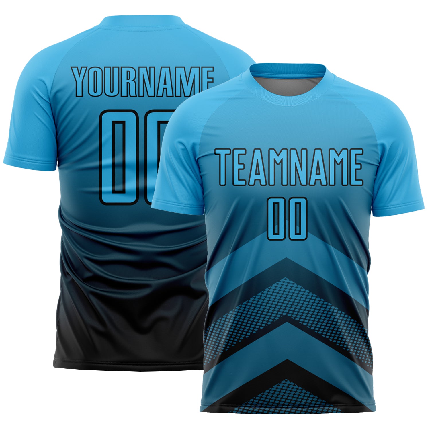 Custom Sky Blue Black Gradient Arrow Geometric Shapes Sublimation Soccer Uniform Jersey