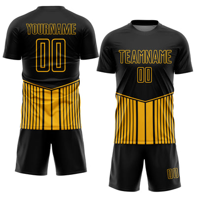 Custom Black Gold Stripe Line Sublimation Soccer Uniform Jersey