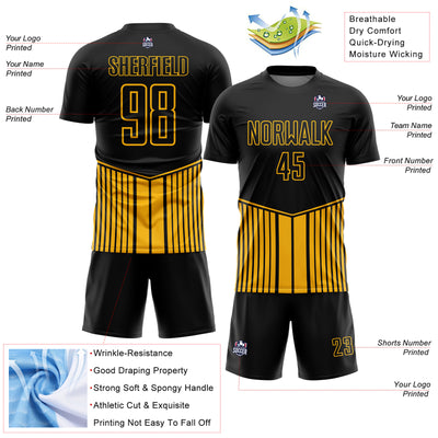 Custom Black Gold Stripe Line Sublimation Soccer Uniform Jersey