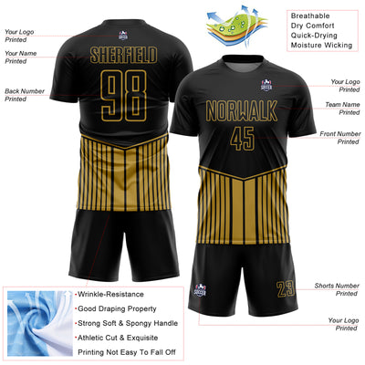 Custom Black Old Gold Stripe Line Sublimation Soccer Uniform Jersey