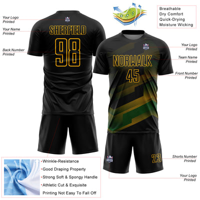 Custom Black Gold Gradient Arrow Geometric Shapes Sublimation Soccer Uniform Jersey