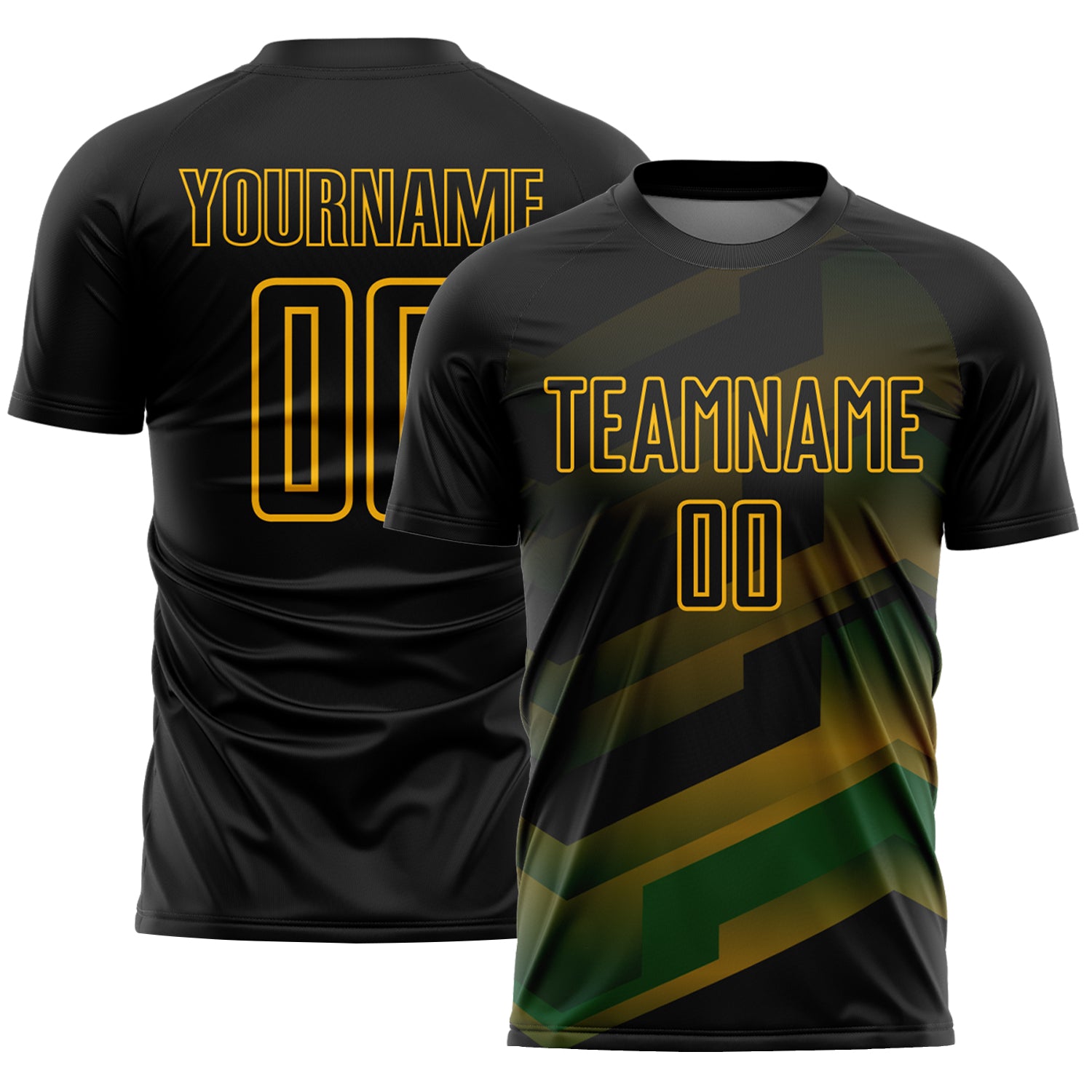 Custom Black Gold Gradient Arrow Geometric Shapes Sublimation Soccer Uniform Jersey