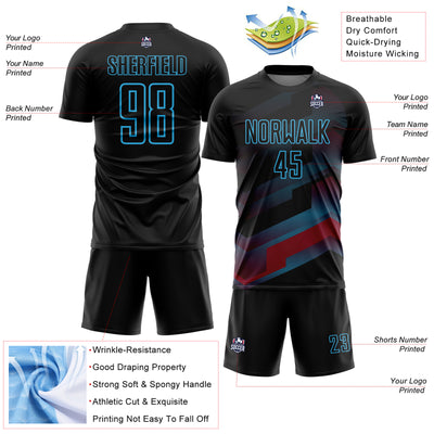 Custom Black Sky Blue Gradient Arrow Geometric Shapes Sublimation Soccer Uniform Jersey