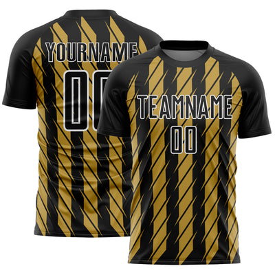 Custom Black Old Gold-White Stripe Line Sublimation Soccer Uniform Jersey