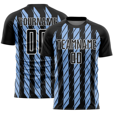 Custom Black Light Blue-White Stripe Line Sublimation Soccer Uniform Jersey