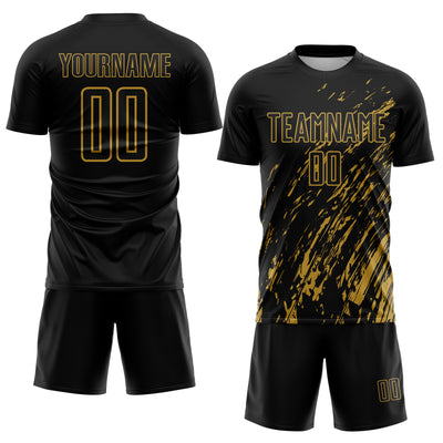 Custom Black Old Gold Splash Sublimation Soccer Uniform Jersey