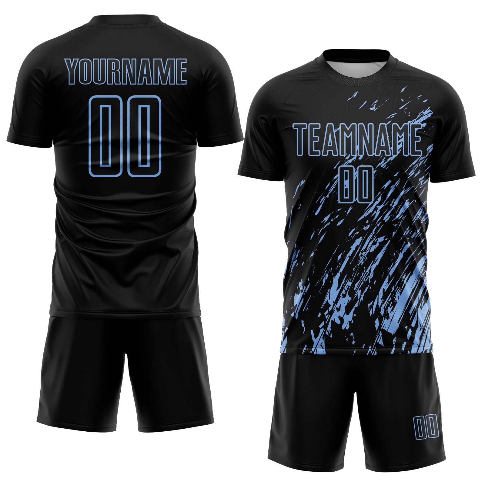 Custom Black Light Blue Splash Sublimation Soccer Uniform Jersey