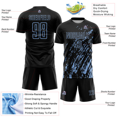 Custom Black Light Blue Splash Sublimation Soccer Uniform Jersey