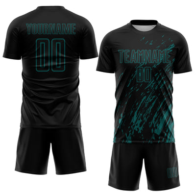 Custom Black Teal Splash Sublimation Soccer Uniform Jersey